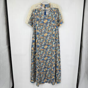 Women's 1970's Vintage Hilda Hawaii Blue Cream and Tan Floral Maxi Dress Large